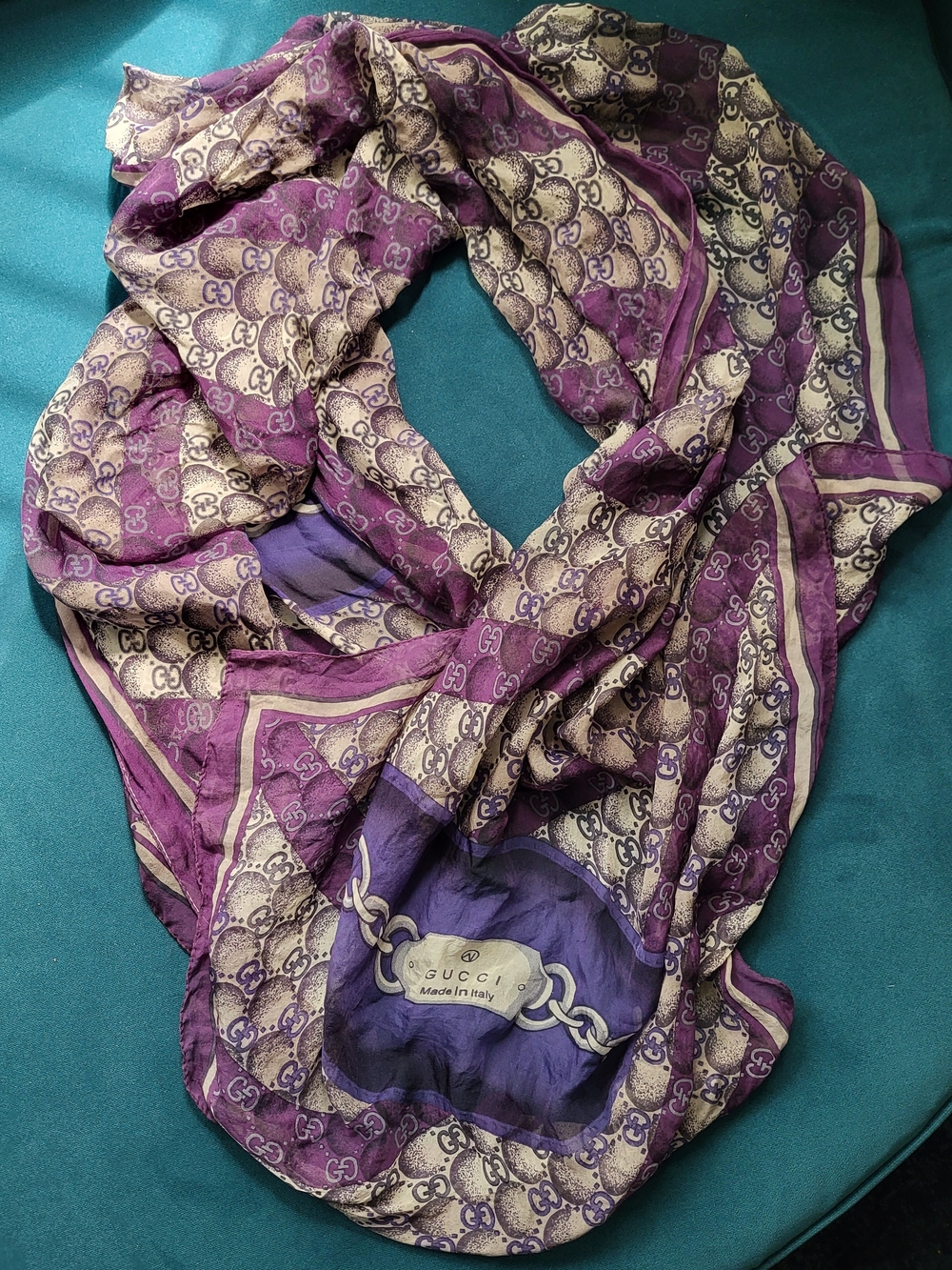 Gucci Purple and Cream GG Logo Silk Scarf
